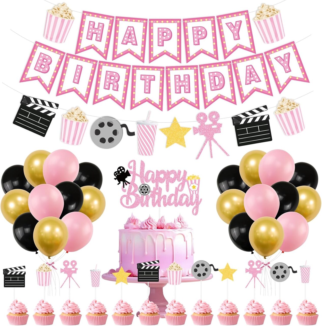 Happy Birthday Movie-Themed Party Decorations – Pink Popcorn, Camera, Movie Theater Cake Toppers and Latex Balloons for Girls’ Birthday or Movie Night Party Supplies